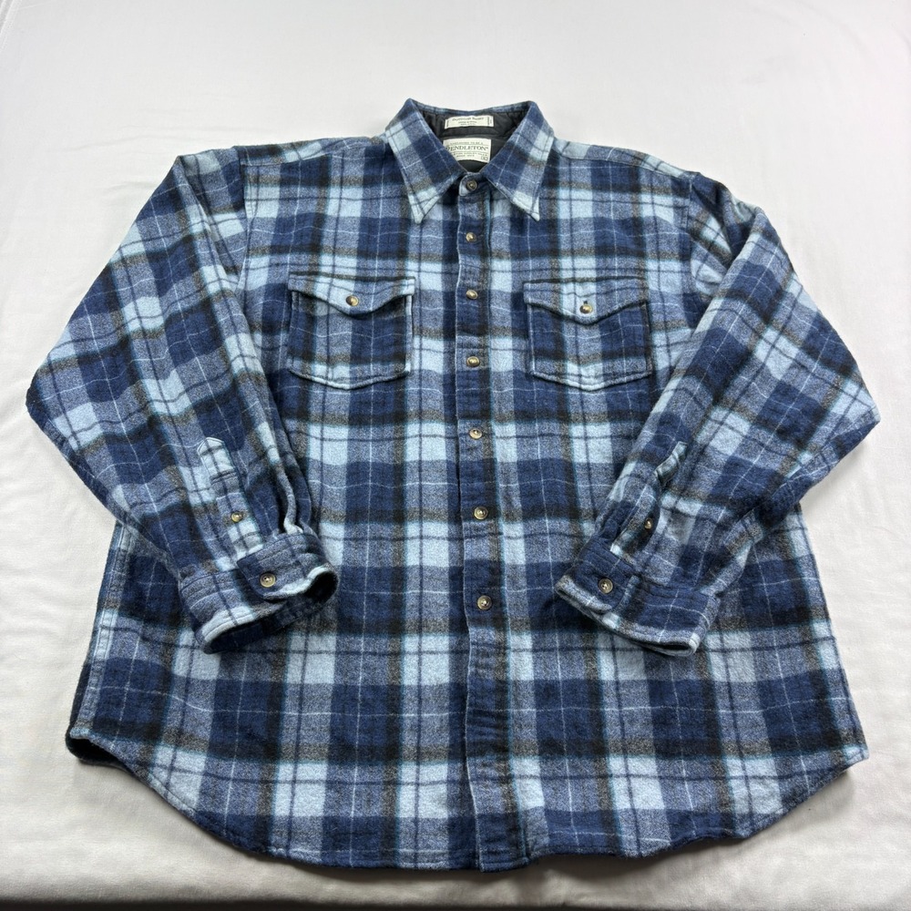 Pendleton Wool Shirt Mens XL Blue Plaid Outdoor Flannel Button Up Pockets